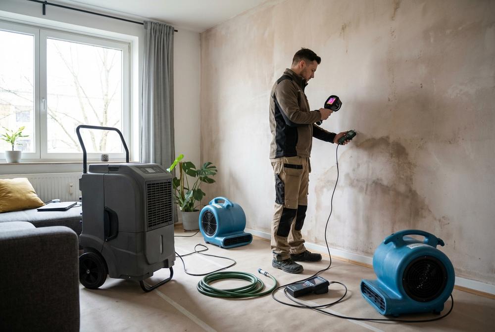 Technik mierzy wilgotność ściany – lokalizacja wycieków i diagnostyka zawilgocenia budynku