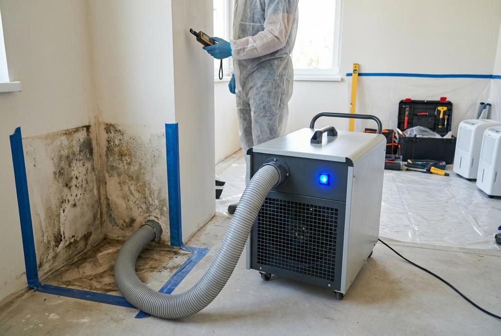 Technik wykonuje ozonowanie pomieszczeń przenośnym generatorem ozonu po zalaniu