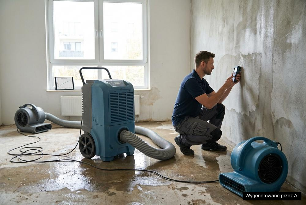 Osuszanie budynków po zalaniu – technik mierzy wilgotność ściany miernikiem