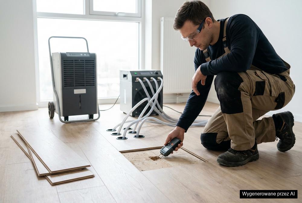 Osuszanie podposadzkowe po zalaniu – technik montuje system osuszający w podłodze